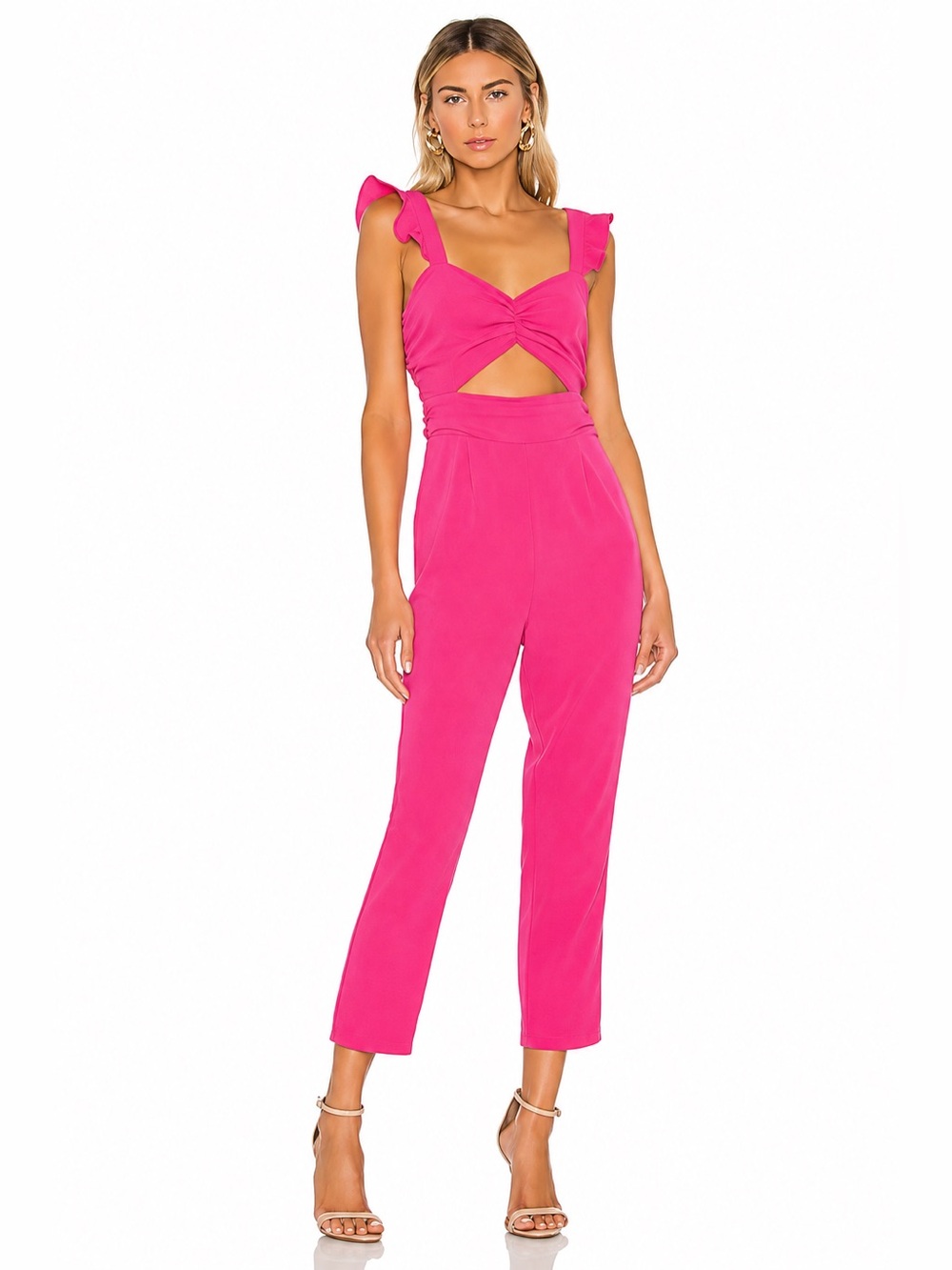 Lovers + Friends Knox Hot Pink Cutout Jumpsuit with Ruffled Straps Size Medium